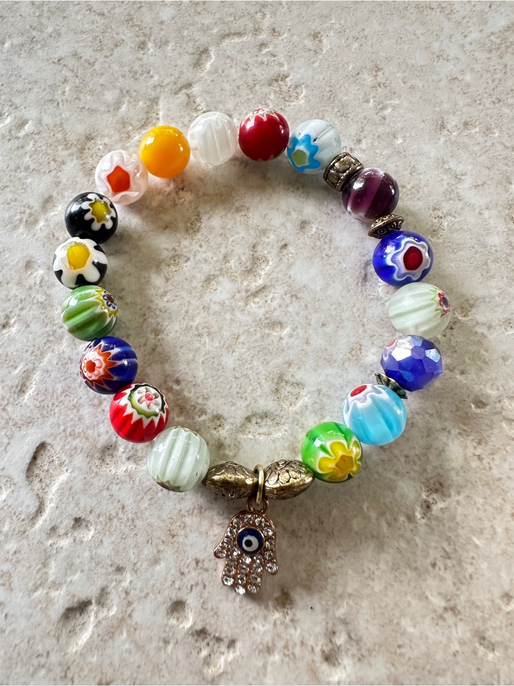 Multicolor Millefiori Glass Bead Stretch Bracelet with Hamsa Charm